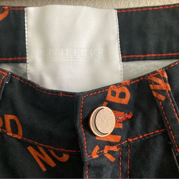 NWT Dolls Kill Nghtbrd Dnm Signature Moon Child Rust Raw Hem Logo Jeans AOP - Picture 9 of 11